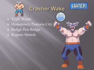 




Type: Water
Hometown: Pastoria City
Badge: Fen Badge
Region: Sinnoh

 