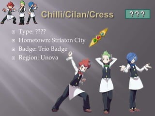 




Type: ????
Hometown: Striaton City
Badge: Trio Badge
Region: Unova

 