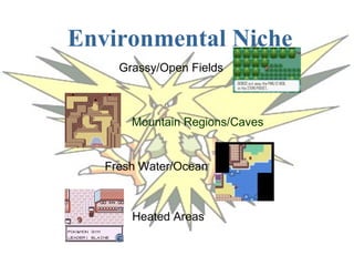 Environmental Niche Grassy/Open Fields Mountain Regions/Caves Fresh Water/Ocean Heated Areas 