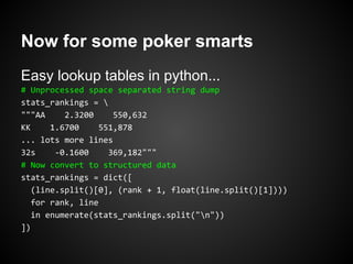 Now for some poker smarts
Easy lookup tables in python...
# Unprocessed space separated string dump
stats_rankings = 
"""AA     2.3200     550,632
KK     1.6700     551,878
... lots more lines
32s     -0.1600     369,182"""
# Now convert to structured data
stats_rankings = dict([
   (line.split()[0], (rank + 1, float(line.split()[1])))
   for rank, line
   in enumerate(stats_rankings.split("n"))
])
 