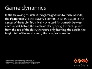 Game dynamics
In the following rounds, if the game goes on to those rounds,
the dealer gives to the players 3 comunity car...