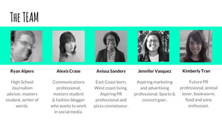 TheTEAM
Ryan Alpers
High School
Journalism
advisor, masters
student, writer of
words.
Alexis Crase
Communications
professional,
masters student
& fashion blogger
who wants to work
in social media.
Anissa Sanders
East Coast born,
West coast living.
Aspiring PR
professional and
pizza connoisseur.
Jennifer Vasquez
Aspiring marketing
and advertising
professional. Sports &
concert goer.
Kimberly Tran
Future PR
professional, animal
lover, bookworm,
food and wine
enthusiast.
 