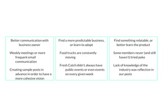 LessonsLearned
Better communication with
business owner
Weekly meetings or more
frequent email
communication
Creating sample posts in
advance in order to have a
more cohesive vision
Find a more predictable business,
or learn to adapt
Food trucks are constantly
moving
Fresh Catch didn’t always have
public events or even events
on every given week
Find something relatable, or
better learn the product
Some members never (and still
haven’t) tried poke
Lack of knowledge of the
industry was reflective in
our posts
 