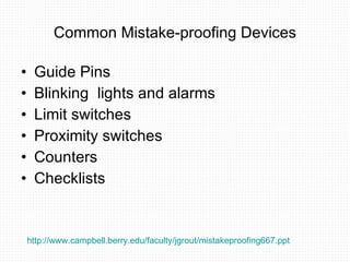 Common Mistake-proofing Devices Guide Pins  Blinking  lights and alarms Limit switches  Proximity switches Counters Checklists http://www.campbell.berry.edu/faculty/jgrout/mistakeproofing667.ppt   