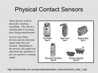 Physical Contact Sensors
These devices work by
physically touching
something. This can be a
machine part or an actual
piec...