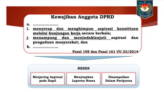 Kewajiban Anggota DPRD
a. ....................
i. menyerap dan menghimpun aspirasi konstituen
melalui kunjungan kerja secara berkala;
j. menampung dan menindaklanjuti aspirasi dan
pengaduan masyarakat; dan
k. ....................
Pasal 108 dan Pasal 161 UU 23/2014
RESES
Menjaring Aspirasi
pada Dapil
Menyiapkan
Laporan Reses
Disampaikan
Dalam Paripurna
 