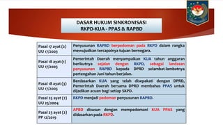 DASAR HUKUM SINKRONISASI
RKPD-KUA - PPAS & RAPBD
Pasal 17 ayat (2)
UU 17/2003
Penyusunan RAPBD berpedoman pada RKPD dalam rangka
mewujudkan tercapainya tujuan bernegara.
Pasal 18 ayat (1)
UU 17/2003
Pemerintah Daerah menyampaikan KUA tahun anggaran
berikutnya sejalan dengan RKPD, sebagai landasan
penyusunan RAPBD kepada DPRD selambat-lambatnya
pertengahan Juni tahun berjalan.
Pasal 18 ayat (3)
UU 17/2003
Berdasarkan KUA yang telah disepakati dengan DPRD,
Pemerintah Daerah bersama DPRD membahas PPAS untuk
dijadikan acuan bagi setiap SKPD.
Pasal 25 ayat (2)
UU 25/2004
RKPD menjadi pedoman penyusunan RAPBD.
Pasal 23 ayat (2)
PP 12/2019
APBD disusun dengan mempedomani KUA PPAS yang
didasarkan pada RKPD.
 