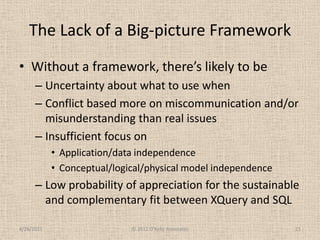 The Lack of a Big-picture Framework<br />Without a framework, there’s likely to be<br />Uncertainty about what to use when...