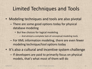 Limited Techniques and Tools<br />Modeling techniques and tools are also pivotal<br />There are some good options today fo...