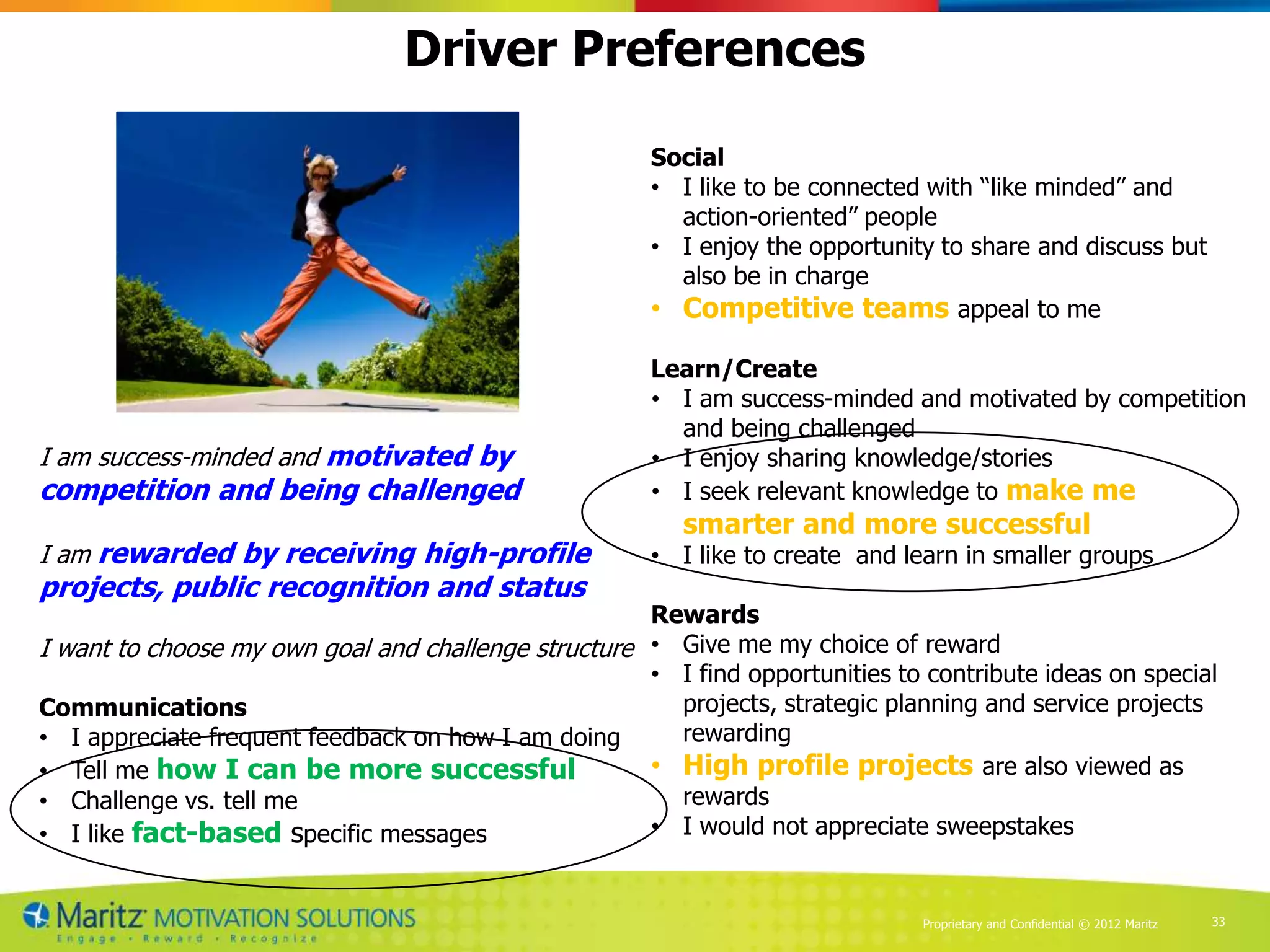 Driver Preferences

                                                       Social
                                                       • I like to be connected with “like minded” and
                                                         action-oriented” people
                                                       • I enjoy the opportunity to share and discuss but
                                                         also be in charge
                                                       • Competitive teams appeal to me

                                                       Learn/Create
                                                       • I am success-minded and motivated by competition
                                                         and being challenged
I am success-minded and motivated by                   • I enjoy sharing knowledge/stories
competition and being challenged                       • I seek relevant knowledge to make me
                                                         smarter and more successful
I am rewarded by receiving high-profile                • I like to create and learn in smaller groups
projects, public recognition and status
                                                     Rewards
I want to choose my own goal and challenge structure • Give me my choice of reward
                                                     • I find opportunities to contribute ideas on special
Communications                                         projects, strategic planning and service projects
• I appreciate frequent feedback on how I am doing     rewarding
• Tell me how I can be more successful               • High profile projects are also viewed as
• Challenge vs. tell me                                rewards
• I like fact-based specific messages                • I would not appreciate sweepstakes


                                                                               Proprietary and Confidential © 2012 Maritz   33
 