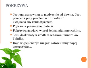 POKRZYWA
 Jest ona stosowana w medycynie od dawna. Jest 
pomocna przy problemach z nerkami
i wątrobą czy reumatyzmem.
 Poprawia przemianę materii.
 Pokrzywa zawiera więcej żelaza niż inne rośliny.
 Jest  doskonałym źródłem witamin, minerałów
i białka.
 Daje więcej energii niż jakikolwiek inny napój
energetyczny.
 