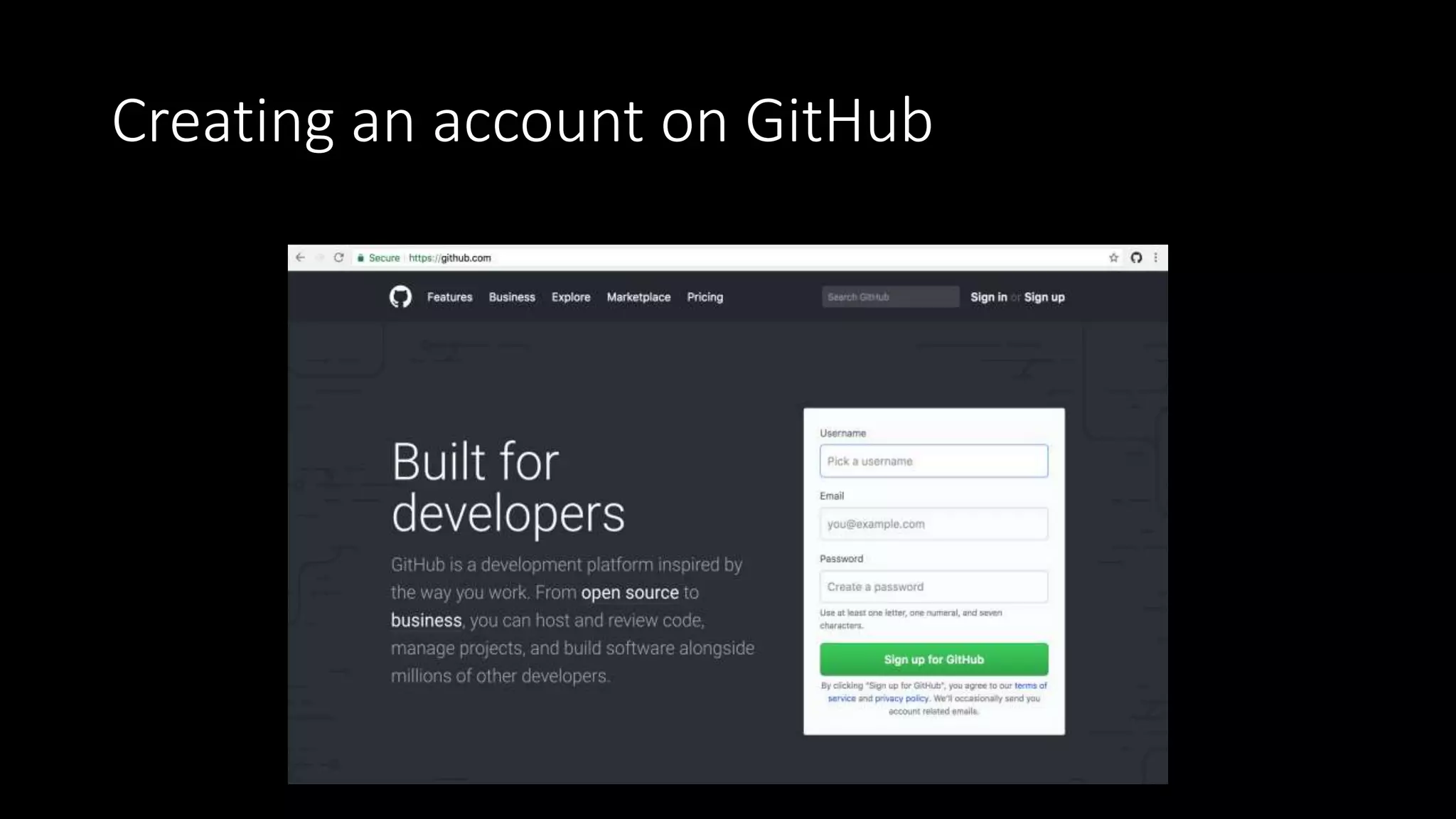 Creating an account on GitHub
 