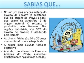 Nos nossos dias, apenas metade do dióxido de enxofre (a substância que dá origem às chuvas ácidas) que existe na atmosfera é de origem natural. O restante é produzido pelo Homem. Nas regiões industriais, até 90% do dióxido de enxofre é produzido pelo Homem As chuvas ácidas são 10 a 70 vezes mais ácidas do que a não poluída A acidez mais elevada torna-se destrutiva A acidez das chuvas na Europa e América do Norte aumentou drasticamente nas últimas décadas 