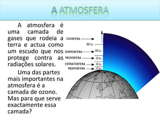 A atmosfera é uma camada de gases que rodeia a terra e actua como um escudo que nos protege contra as radiações solares. Uma das partes mais importantes na atmosfera é a camada de ozono. Mas para que serve exactamente essa camada? 