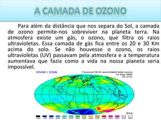 Para além da distância que nos separa do Sol, a camada de ozono permite-nos sobreviver na planeta terra. Na atmosfera existe um gás, o ozono, que filtra os raios ultravioletas. Essa camada de gás fica entre os 20 e 30 Km acima do solo. Se não houvesse o ozono, os raios ultravioletas (UV) passavam pela atmosfera e a temperatura aumentava que fazia como a vida na nossa planeta seria impossível. 