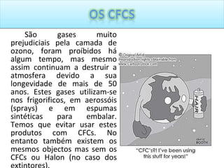 São gases muito prejudiciais pela camada de ozono, foram proíbidos há algum tempo, mas mesmo assim continuam a destruir a atmosfera devido a sua longevidade de mais de 50 anos. Estes gases utilizam-se nos frigorificos, em aerossóis (sprays) e em espumas sintéticas para embalar. Temos que evitar usar estes produtos com CFCs. No entanto também existem os mesmos objectos mas sem os CFCs ou Halon (no caso dos extintores). 