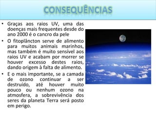 Graças aos raios UV, uma das doenças mais frequentes desde do ano 2000 é o cancro da pele O fitoplâncton serve de alimento para muitos animais marinhos, mas também é muito sensível aos raios UV e acabam por morrer se houver excesso destes raios, dando origem à falta de alimento. E o mais importante, se a camada de ozono continuar a ser destruído, até houver muito pouco ou nenhum ozono na atmosfera, a sobrevivência dos seres da planeta Terra será posto em perigo. 