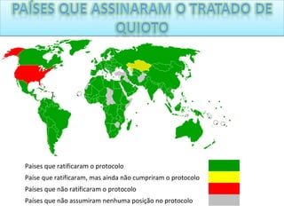 Paises que ratificaram o protocolo Paíse que ratificaram, mas ainda não cumpriram o protocolo Países que não ratificaram o protocolo Países que não assumiram nenhuma posição no protocolo 