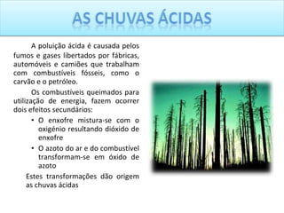 A poluição ácida é causada pelos fumos e gases libertados por fábricas, automóveis e camiões que trabalham com combustíveis fósseis, como o carvão e o petróleo.  Os combustíveis queimados para utilização de energia, fazem ocorrer dois efeitos secundários: O enxofre mistura-se com o oxigénio resultando dióxido de enxofre O azoto do ar e do combustível transformam-se em óxido de azoto Estes transformações dão origem as chuvas ácidas 