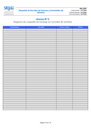 Respaldo de Servidor de Correos y Controlador de
Dominio
AIN_0503
Fecha Emisión: 12/11/2009
Nº/Fecha Revisión: 14/12/2009
Fecha Autorización: 14/12/2009
Página 10 de 10
Anexo N°2
Registro de respaldo de backup en servidor de archivo
Funcionario Servidor Fecha y Hora Firma
 