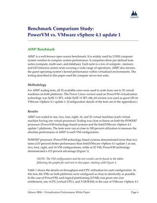 Edison: IBM – Virtualization Performance White Paper Page 6
Benchmark Comparison Study:
PowerVM vs. VMware vSphere 4.1 update 1
AIM7 Benchmark
AIM7 is a well-known open source benchmark. It is widely used by UNIX computer
system vendors to compare system performance. It comprises three pre-defined tests
suites (compute, multi-user, and database). Each suite is a mix of compute-, memory-
and I/O-intensive atomic tests covering a wide range of operations. AIM7 also stresses
the guest operating system’s kernel performance within virtualized environments. The
testing described in this paper used the compute server test suite.
Methodology
For AIM7 scaling tests, all 32 available cores were used to scale from one to 32 virtual
machines on both platforms. The Power Linux version used on PowerVM virtualization
technology was SuSE 11 SP1, while SuSE 11 SP1 x86_64 version was used as guest OS on
VMware vSphere 4.1 update 1. (Configuration details of the tests are in the appendices.)
Results
AIM7 was scaled in one, two, four, eight, 16, and 32 virtual machines (each virtual
machine having one virtual processor). Scaling was close to linear on both the POWER7
processor-/PowerVM technology-based systems and the Intel/VMware vSphere 4.1
update 1 platforms. The tests were run at close to 100 percent utilization to measure the
absolute performance of AIM7 in each VM configuration.
POWER7 processor-/PowerVM technology-based systems demonstrated more than two
times (110 percent) better performance than Intel/VMware vSphere 4.1 update 1 at one,
two, four, eight, and 16 VM configurations, while at 32 VM, PowerVM technology
demonstrated a 115 percent advantage (Figure 1).
NOTE: The VM configuration and the test results can be found in the tables
following the graphs for each test in this paper, starting with Figure 1.
Table 1 shows the details on throughput and CPU utilization for each configuration. In
this test, the VMs on both platforms were configured as close to identically as possible.
In the case of PowerVM, each logical partitioning (LPAR) was given one core
entitlement, one vCPU (virtual CPU), and 3 GB RAM; in the case of VMware vSphere 4.1
 