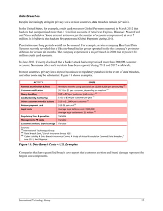 International Technology Group 15
Data Breaches
Despite increasingly stringent privacy laws in most countries, data breaches remain pervasive.
In the United States, for example, credit card processor Global Payments reported in March 2012 that
hackers had compromised more than 1.5 million accounts of American Express, Discover, MasterCard
and Visa cardholders. Some external estimates put the number of accounts compromised at over 7
million. It is believed that hackers first penetrated Global Payments during 2011.
Penetration over long periods would not be unusual. For example, services company Heartland Data
Systems recently revealed that a Ukraine-based hacker group operated inside the company’s perimeter
defenses for around six months. The company experienced a major breach in 2008 that exposed 134
million credit card accounts.
In June 2011, Citicorp disclosed that a hacker attack had compromised more than 360,000 customer
accounts. Numerous other such incidents have been reported during 2011 and 2012 worldwide.
In most countries, privacy laws expose businesses to regulatory penalties in the event of data breaches,
and other costs may be substantial. Figure 11 shows examples.
ACTIVITY	
   COSTS	
  
Forensic	
  examination	
  &	
  fixes	
   Weeks	
  to	
  months	
  using	
  specialists	
  at	
  $1,000-­‐5,000	
  per	
  person/day	
  
(1)
	
  
Customer	
  notification	
   $0.20	
  to	
  $5	
  per	
  customer,	
  depending	
  on	
  medium	
  
(1)
	
  
Query-­‐handling	
   $10	
  to	
  $25	
  per	
  customer	
  (call	
  center)	
  
(1)
	
  
Credit/identity	
  monitoring	
   $100 to $300 per customer per year
(1)
Other	
  customer	
  remedial	
  actions	
  	
   $15	
  to	
  $1,000+	
  per	
  customer	
  
(1)
	
  
Reissue	
  payment	
  card	
   $12-­‐22	
  per	
  card	
  
(2)
	
  
Legal	
  costs	
   Average	
  legal	
  defense	
  cost:	
  $500,000	
  
Average	
  legal	
  settlement:	
  $1	
  million	
  
(3)
	
  
Regulatory	
  fines	
  &	
  penalties	
   Variable
Management,	
  PR	
  costs	
   Variable	
  
Customer	
  attrition,	
  brand	
  damage	
   Variable	
  
Sources:	
  
(1)	
  
International	
  Technology	
  Group	
  
(2)
	
  “Data	
  Breach	
  Cost,”	
  Zurich	
  Insurance	
  Group	
  2011	
  
(3)
	
  “Cyber	
  Liability	
  &	
  Data	
  Breach	
  Insurance	
  Claims,	
  A	
  Study	
  of	
  Actual	
  Payouts	
  for	
  Covered	
  Data	
  Breaches,”	
  	
  
	
  	
  	
  	
  	
  June	
  2011,	
  NetDiligence	
  
Figure 11: Data Breach Costs – U.S. Examples
Companies that have quantified breach costs report that customer attrition and brand damage represent the
largest cost components.
 