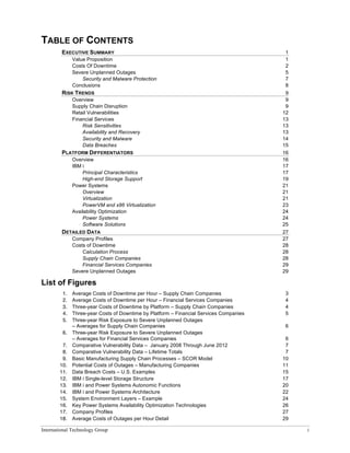 International Technology Group i
TABLE OF CONTENTS
EXECUTIVE SUMMARY 1
Value Proposition 1
Costs Of Downtime 2
Severe Unplanned Outages 5
Security and Malware Protection 7
Conclusions 8
RISK TRENDS 9
Overview 9
Supply Chain Disruption 9
Retail Vulnerabilities 12
Financial Services 13
Risk Sensitivities 13
Availability and Recovery 13
Security and Malware 14
Data Breaches 15
PLATFORM DIFFERENTIATORS 16
Overview 16
IBM i 17
Principal Characteristics 17
High-end Storage Support 19
Power Systems 21
Overview 21
Virtualization 21
PowerVM and x86 Virtualization 23
Availability Optimization 24
Power Systems 24
Software Solutions 25
DETAILED DATA 27
Company Profiles 27
Costs of Downtime 28
Calculation Process 28
Supply Chain Companies 28
Financial Services Companies 29
Severe Unplanned Outages 29
List of Figures
1. Average Costs of Downtime per Hour – Supply Chain Companies 3
2. Average Costs of Downtime per Hour – Financial Services Companies 4
3. Three-year Costs of Downtime by Platform – Supply Chain Companies 4
4. Three-year Costs of Downtime by Platform – Financial Services Companies 5
5. Three-year Risk Exposure to Severe Unplanned Outages
– Averages for Supply Chain Companies 6
6. Three-year Risk Exposure to Severe Unplanned Outages
– Averages for Financial Services Companies 6
7. Comparative Vulnerability Data – January 2008 Through June 2012 7
8. Comparative Vulnerability Data – Lifetime Totals 7
9. Basic Manufacturing Supply Chain Processes – SCOR Model 10
10. Potential Costs of Outages – Manufacturing Companies 11
11. Data Breach Costs – U.S. Examples 15
12. IBM i Single-level Storage Structure 17
13. IBM i and Power Systems Autonomic Functions 20
14. IBM i and Power Systems Architecture 22
15. System Environment Layers – Example 24
16. Key Power Systems Availability Optimization Technologies 26
17. Company Profiles 27
18. Average Costs of Outages per Hour Detail 29
 