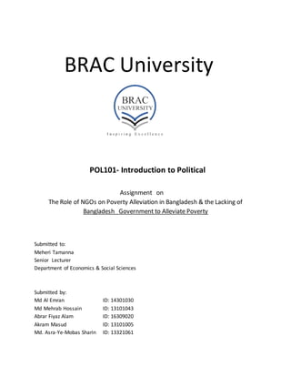 BRAC University
POL101- Introduction to Political
Assignment on
The Role of NGOs on Poverty Alleviation in Bangladesh & the Lacking of
Bangladesh Government to Alleviate Poverty
Submitted to:
Meheri Tamanna
Senior Lecturer
Department of Economics & Social Sciences
Submitted by:
Md Al Emran ID: 14301030
Md Mehrab Hossain ID: 13101043
Abrar Fiyaz Alam ID: 16309020
Akram Masud ID: 13101005
Md. Asra-Ye-Mobas Sharin ID: 13321061
 