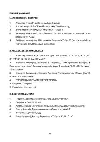 25
ΠΙΝΑΚΑΣ ΔΙΑΝΟΜΗΣ
Ι. ΑΠΟΔΕΚΤΕΣ ΓΙΑ ΕΝΕΡΓΕΙΑ
1. Αποδέκτες πίνακα Γ’ (εκτός του αριθμού 2 αυτού)
2. Κεντρική Υπηρεσία ΣΔΟΕ...