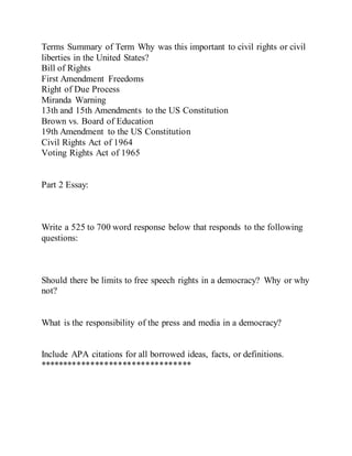 Terms Summary of Term Why was this important to civil rights or civil
liberties in the United States?
Bill of Rights
First Amendment Freedoms
Right of Due Process
Miranda Warning
13th and 15th Amendments to the US Constitution
Brown vs. Board of Education
19th Amendment to the US Constitution
Civil Rights Act of 1964
Voting Rights Act of 1965
Part 2 Essay:
Write a 525 to 700 word response below that responds to the following
questions:
Should there be limits to free speech rights in a democracy? Why or why
not?
What is the responsibility of the press and media in a democracy?
Include APA citations for all borrowed ideas, facts, or definitions.
*********************************
 
