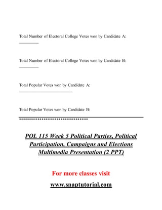 Total Number of Electoral College Votes won by Candidate A:
_________
Total Number of Electoral College Votes won by Candidate B:
_________
Total Popular Votes won by Candidate A:
_________________________
Total Popular Votes won by Candidate B:
*********************************
POL 115 Week 5 Political Parties, Political
Participation, Campaigns and Elections
Multimedia Presentation (2 PPT)
For more classes visit
www.snaptutorial.com
 