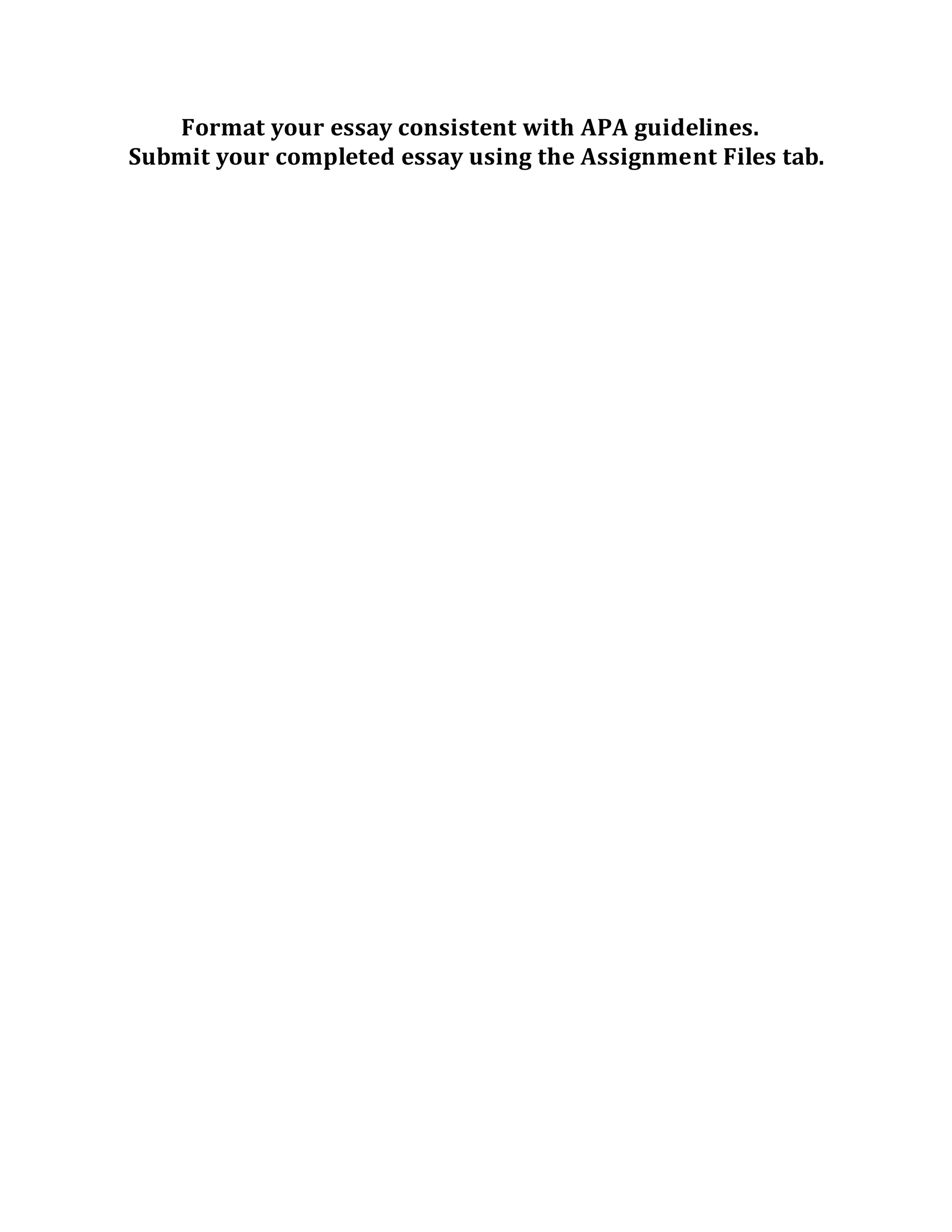 Format your essay consistent with APA guidelines.
Submit your completed essay using the Assignment Files tab.
 