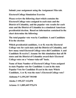 Submit your assignment using the Assignment Files tab.
Electoral College Simulation Exercise
Please review the following chart which contains the
Electoral College votes assigned to each state and the
District of Columbia, and the popular vote results for each
state and the District of Columbia in a simulated American
presidential election. Based on information contained in the
chart determine the following:
The total popular vote won by Candidate A and Candidate
B in the election
Which presidential candidate, A or B, won the Electoral
College vote for each state and the District of Columbia, and
how many total Electoral College votes did Candidate A and
Candidate B receive?. Assume for this simulation that all 50
states and the District of Columbia award their Electoral
College votes on a “winner-take-all” basis.
Name of State Number of Electoral College Votes assigned
to state Popular vote for Candidate A cast in the state
Popular Vote for Candidate B cast in the state Which
Candidate, A or B, won the state’s Electoral College vote?
Alabama 9 1,159,245 749,948
Alaska 3 195,227 112,878
Arizona 11 1,089,449 975,674
 
