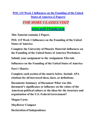 POL 115 Week 1 Influences on the Founding of the United
States of America (2 Papers)
FOR MORE CLASSES VISIT
www.pol115rank.com
This Tutorial contains 2 Papers
POL 115 Week 1 Influences on the Founding of the United
States of America
Complete the University of Phoenix Material: Influences on
the Founding of the United States of America Worksheet.
Submit your assignment to the Assignment Files tab.
Influences on the Founding of the United States of America
Part 1 Matrix:
Complete each section of the matrix below. Include APA
citations for all borrowed ideas, facts, or definitions.
Documents Summary of Document What was this
document’s significance or influence on the values of the
American political culture or the ideas for the structure and
organization of the U.S. Federal Government?
Magna Carta
Mayflower Compact
Declaration of Independence
 