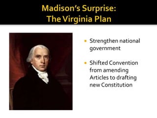  Strengthen national 
government 
 Shifted Convention 
from amending 
Articles to drafting 
new Constitution 
 