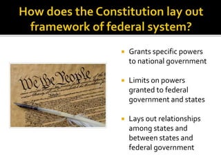  Grants specific powers 
to national government 
 Limits on powers 
granted to federal 
government and states 
 Lays out relationships 
among states and 
between states and 
federal government 
 