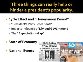  Cycle Effect and “Honeymoon Period”
 “President’s Party Loses Seats”
 Impact / Influence of Divided Government
 The “Expectations Gap”
 State of Economy
 National Events
 