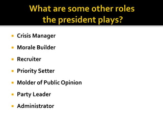  Crisis Manager
 Morale Builder
 Recruiter
 Priority Setter
 Molder of Public Opinion
 Party Leader
 Administrator
 