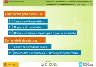 Posgrao de Especialización en Orientación Laboral - Edición 2015
Presentación de competencias dixitais [13/06/2015]
Ferramentas para a Web 2.0
1. Identidade dixital profesional1. Identidade dixital profesional
2. Organización do traballo
3. Novas ferramentas e espazos para a procura de traballo
Comunidade de prácticas
1. Espazo de aprendizaxe común
Cofinancian
1. Espazo de aprendizaxe común
2. Documentos + experiencias = Creación de coñecemento
 
