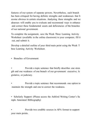 features of our system of separate powers. Nevertheless, each branch
has been critiqued for having definite strengths and weaknesses that b
ecome obvious in certain situations. Analyzing these strengths and we
aknesses will enable you to evaluate and recommend ways to enhance
and correct these fundamental assets and deficiencies of the branches
of our national government.
To complete the assignment, save the Week Three Learning Activity
Worksheet (available in the online classroom) to your computer, fill it
out, and submit it.
Develop a detailed outline of your third main point using the Week T
hree Learning Activity Worksheet.
• Branches of Government:
• Provide a topic sentence that briefly describes one stren
gth and one weakness of one branch of our government: executive, le
gislative, or judiciary.  
• Provide a topic sentence that recommends one option to
maintain the strength and one to correct the weakness.  
• Scholarly Support: (Please access the Ashford Writing Center’s Sa
mple Annotated Bibliography)
• Provide two credible sources in APA format to support
your main points.  
 