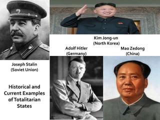 Joseph Stalin 
(Soviet Union) 
Historical and 
Current Examples 
of Totalitarian 
States 
Adolf Hitler 
(Germany) 
Mao Zedong 
(China) 
Kim Jong-un 
(North Korea) 
 