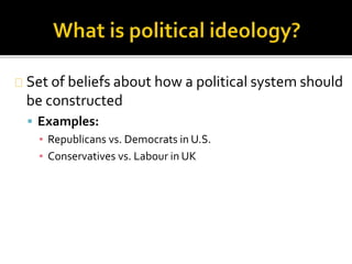Set of beliefs about how a political system should 
be constructed 
 Examples: 
▪ Republicans vs. Democrats in U.S. 
▪ Conservatives vs. Labour in UK 
 