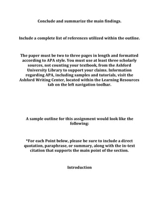 Conclude and summarize the main findings.
Include a complete list of references utilized within the outline.
The paper must be two to three pages in length and formatted
according to APA style. You must use at least three scholarly
sources, not counting your textbook, from the Ashford
University Library to support your claims. Information
regarding APA, including samples and tutorials, visit the
Ashford Writing Center, located within the Learning Resources
tab on the left navigation toolbar.
A sample outline for this assignment would look like the
following:
*For each Point below, please be sure to include a direct
quotation, paraphrase, or summary, along with the in-text
citation that supports the main point of the section.
Introduction
 