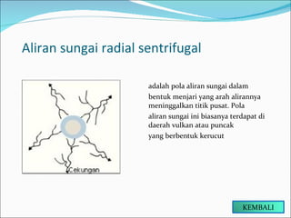 Aliran sungai radial sentrifugal adalah pola aliran sungai dalam bentuk menjari yang arah alirannya meninggalkan titik pusat. Pola aliran sungai ini biasanya terdapat di daerah vulkan atau puncak yang berbentuk kerucut KEMBALI 