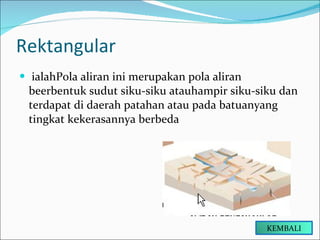 Rektangular  ialahPola aliran ini merupakan pola aliran beerbentuk sudut siku-siku atauhampir siku-siku dan terdapat di daerah patahan atau pada batuanyang tingkat kekerasannya berbeda KEMBALI 