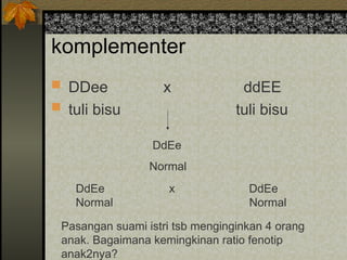 komplementer
 DDee x ddEE
 tuli bisu tuli bisu
DdEe
Normal
DdEe x DdEe
Normal Normal
Pasangan suami istri tsb menginginkan 4 orang
anak. Bagaimana kemingkinan ratio fenotip
anak2nya?
 