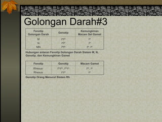Golongan Darah#3
Fenotip
Golongan Darah
Genotip
Kemungkinan
Macam Sel Gamet
M
N
MN
IM
IM
IN
IN
IM
IN
IM
IN
IM
, IN
Hubungan antaran Fenotip Golongan Darah Sistem M, N,
Genotip, dan Kemungkinan Gamet
Fenotip Genotip Macam Gamet
Rhesus+
Rhesus-
IRh
IRh
, IRh
Irh
Irh
Irh
IRh
, Irh
Irh
Genotip Orang Menurut Sistem Rh
 