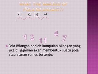+1   +2   +3   +4




 PolaBilangan adalah kumpulan bilangan yang
 jika di jajarkan akan membentuk suatu pola
 atau aturan rumus tertentu.
 