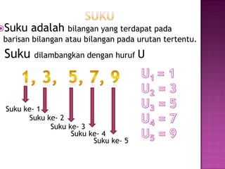 Suku adalah bilangan yang terdapat pada
 barisan bilangan atau bilangan pada urutan tertentu.
 Suku     dilambangkan dengan huruf     U



  Suku ke- 1
         Suku ke- 2
               Suku ke- 3
                     Suku ke- 4
                           Suku ke- 5
 