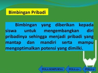 Bimbingan Pribadi 
Bimbingan yang diberikan kepada 
siswa untuk mengembangkan diri 
pribadinya sehingga menjadi pribadi yang 
mantap dan mandiri serta mampu 
mengoptimalkan potensi yang dimilki. 
POLA SEMPURNA POLA 17+ POLA 17 
 